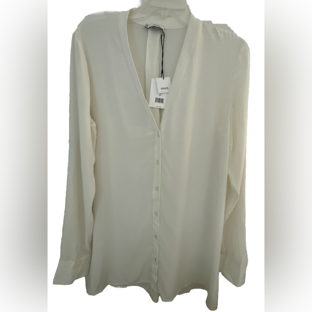$275 NWT Vince 100% Silk Off White Tunic Blouse Top Sz S Adjustable Long sleeve